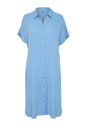 Light blue, short-sleeve shirt dress made of soft fabric; features a button-down front and relaxed fit with side slits.