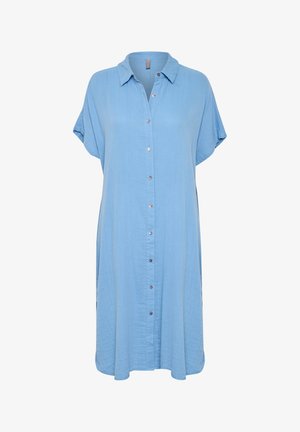 Light blue, short-sleeve shirt dress made of soft fabric; features a button-down front and relaxed fit with side slits.