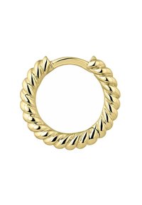 Pendientes de aro dorados con un diseño torcido, similar a una cuerda. Textura suave y acabado pulido, con acentos puntiagudos en la parte superior.