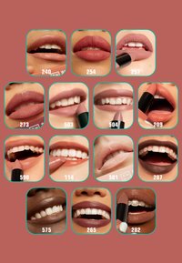 Grid of lip images showcasing various lipstick shades. Lips in different tones, with smooth texture and distinct colors like pink, nude, and deep brown.