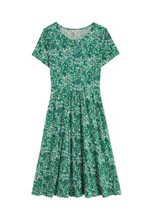 Vestito floreale verde con maniche corte, corpetto aderente e gonna svasata. Realizzato in tessuto leggero con motivo di foglie e fiori.