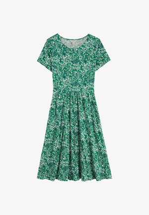 Vestito floreale verde con maniche corte, corpetto aderente e gonna svasata. Realizzato in tessuto leggero con motivo di foglie e fiori.