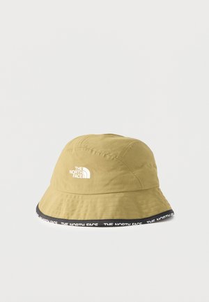 Khaki bøllehat med sort kant, der har gentaget hvid "THE NORTH FACE" tekst og hvidt brandlogo foran i midten.