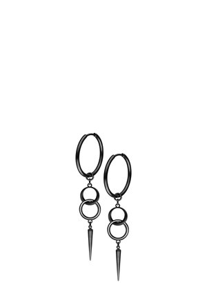 Black metal hoop earrings with two interlocked rings and a pointed spike dangling from each ring set.
