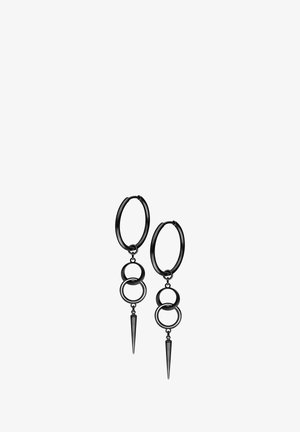 Black metal hoop earrings with two interlocked rings and a pointed spike dangling from each ring set.