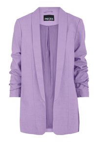 Lila jacka med öppen front, rynkade långa ärmar och slät innerfoder, märkt "Pieces" i storlek 64.