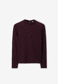 Burgunderfarbener Langarm-Top aus Spitze mit floralem Muster, hohem Kragen, figurbetontem Schnitt und Knopfverschluss im Rücken.