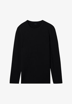 Zwarte lange mouwen T-shirt van zacht stof, met een ronde halslijn en rechte snit, zonder zichtbare patronen of versieringen.