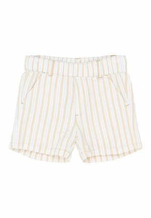 Stribede shorts i beige og hvid, udstyret med en bred elastisk talje, sidelommer og en afslappet pasform med syede kantdetaljer.