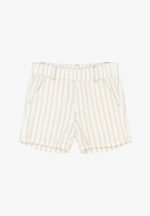 Stribede shorts i beige og hvid, udstyret med en bred elastisk talje, sidelommer og en afslappet pasform med syede kantdetaljer.