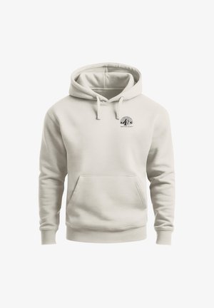Hellbeiger Kapuzenpullover mit Vorderfach und Berggrafik mit dem Wort "NEVERLESS" auf der linken Brust.