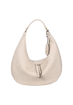 Beige geflochtene Lederhandtasche in geschwungener Hobo-Form, mit einem einzigen Griff und einem dezenten Reißverschlussverschluss mit passendem Ziehband.