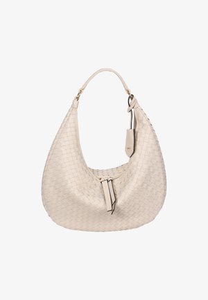 Beige woven leather handbag with a curved hobo shape, a single handle, and a subtle zipper closure featuring a matching pull tab.