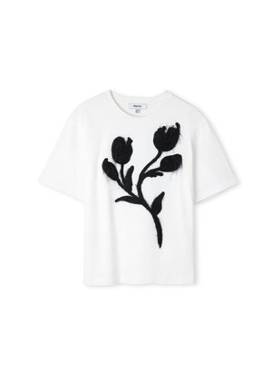 Witte katoenen t-shirt met een zwart bloemenborduursel. Het shirt heeft korte mouwen en een ontspannen pasvorm.