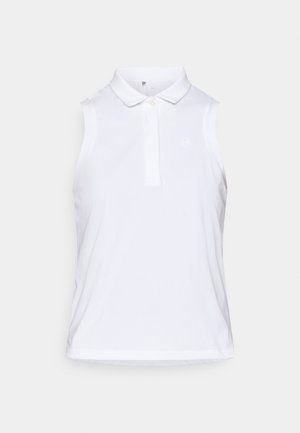 Polo sin mangas blanco hecho de tela ligera, con cuello, tapeta de botones y un logotipo sutil en el pecho.