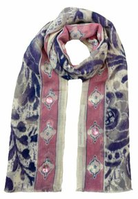Écharpe multicolore en tissu léger. Présente des motifs floraux en violet et rose avec une bande centrale de motifs géométriques.