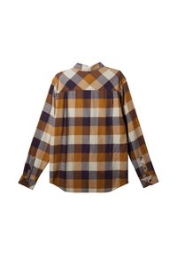 Langärmliges, knöpfbares Hemd mit einem Karomuster in Orange, Braun, Creme und Lila. Verfügt über einen Standardkragen und Knopfmanschetten.