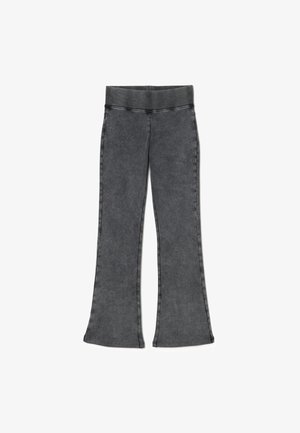 Gray denim flared pants with a wide elastic waistband. Features a smooth texture and a subtle faded pattern along the legs.