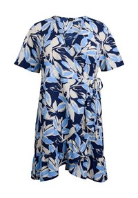 Krátký rukáv, zavinovací šaty v námořnické modré barvě s modro-bílým květinovým vzorem. Obsahují volánkový lem a zavazování v pase pro nastavitelný střih.