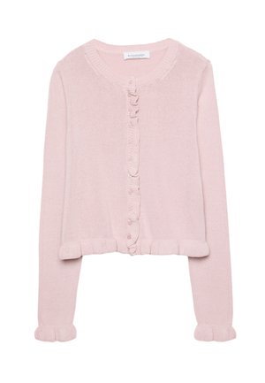 Cardigan en tricot rose clair avec un col rond, fermeture à boutons et des volants au niveau des poignets et de l'ourlet. Texture douce, coupe courte.