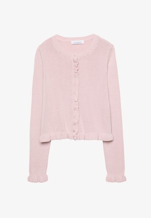 Light pink knitted cardigan with a round neckline, button front, and ruffled trim at the cuffs and hem. Soft texture, cropped fit.