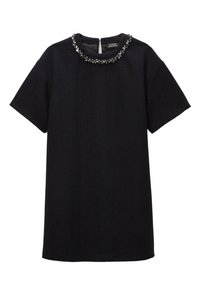 Robe noire à manches courtes avec un col rond orné d'un col en perles, fermeture éclair à l'arrière et coupe décontractée.