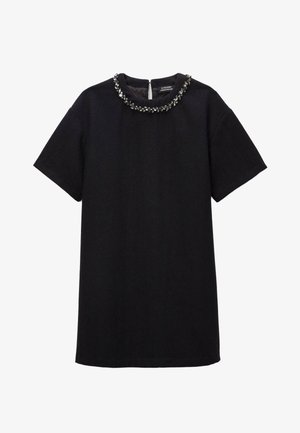 Robe noire à manches courtes avec un col rond orné d'un col en perles, fermeture éclair à l'arrière et coupe décontractée.