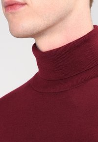 Maglione a collo alto color bordeaux dal design aderente, realizzato in un morbido materiale simile alla lana, con colletto a coste per un tocco di texture in più.
