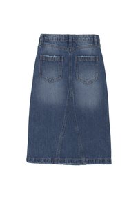 Jeanskjol, mörkblå, knälång, två bakfickor, lätt blekning, rak skärning, sydd fåll, avslappnad design som passar för olika tillfällen.