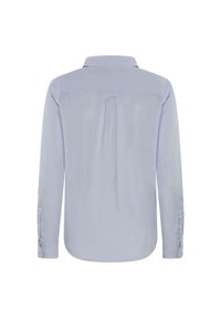 Camicia a maniche lunghe azzurro chiaro con colletto, dotata di una piega sul retro e polsini con bottoni. Tessuto di cotone liscio, senza motivi o accenti visibili.