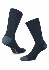 Granatowe skarpety z prążkowanymi mankietami, wzmocnionymi piętami oraz kontrastującymi jasno-niebieskimi obszarami palców i pięt. Wykonane z textured dzianiny.