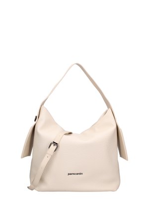 Sac à main en cuir texturé couleur crème avec une poignée supérieure, une bandoulière réglable, et le logo « pierre cardin » au centre avant.