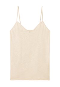Beige cami met dunne verstelbare bandjes, V-hals en zachte, gestructureerde stof. Rechte zoom en geen zichtbare patronen of accenten.