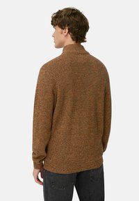 Unge mand med kort krøllet hår iført en brun, flerfarvet strikket turtleneck sweater og mørke jeanstøj, vendt væk.