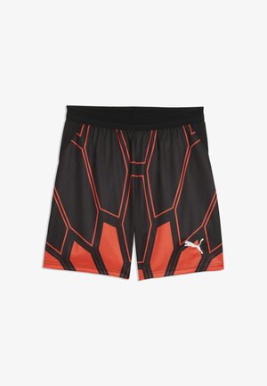 Schwarze und orangefarbene Sportsshorts mit geometrischem Muster und schwarzem elastischem Bund, mit weißem Puma-Logo am unteren rechten Bein.