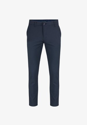 Granatowe spodnie wykonane z gładkiego materiału, charakteryzujące się slimowanym krojem, szlufkami na pasek oraz pojedynczym zapięciem na guzik w talii.