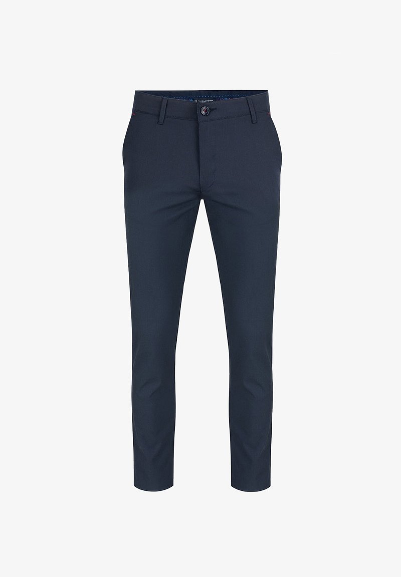 Granatowe spodnie wykonane z gładkiego materiału, charakteryzujące się slimowanym krojem, szlufkami na pasek oraz pojedynczym zapięciem na guzik w talii.