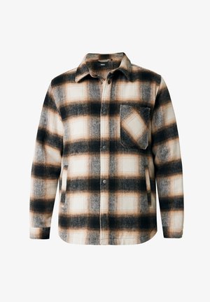 Zwart en beige geruite flanellen shirt met een borstzak, knoopsluitingen en een kraag; heeft een zachte textuur en scherpe lijnen in het patroon.