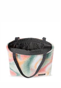 Fleece taška s vícebarevným vířivým vzorem v pastelových odstínech. Černý interiér se zipovou kapsou a dvěma pevnými textilními rukojeťmi.