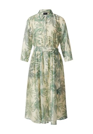 Kremowa sukienka koszulowa z zielonym nadrukiem liści palmowych, długimi rękawami, zapinana na guziki z przodu, kołnierzem i dopasowanym materiałowym paskiem w talii.