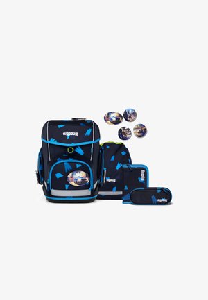 Backpack set featuring a navy blue design with light blue geometric patterns, adjustable straps, and multiple pockets. Accessories included.