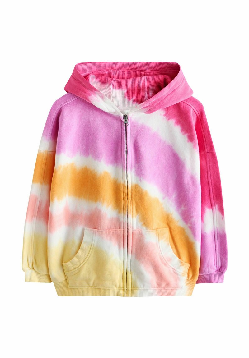 Felpa con cappuccio rosa e arancione a effetto tie-dye con cerniera, due tasche frontali, polsini a coste e materiale in morbido pile.
