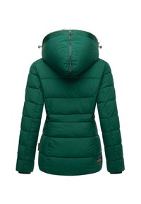 Green puffer jacket with a fur-lined hood, zip closure, elastic cuffs, and side buttons. Textured, warm material with a fitted design.