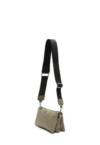 Khaki nylon torba na ramię z zamkiem błyskawicznym, dwoma przegrodami i odczepianym czarnym paskiem z wytłoczonymi akcentami logo.