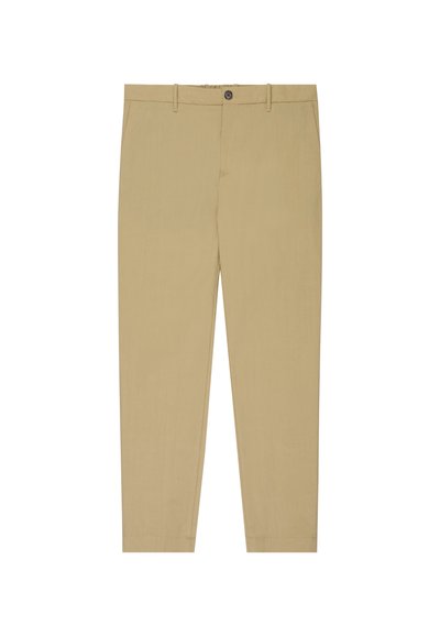 Beige cotton trousers featuring a straight cut, button closure, and belt loops with a smooth texture.