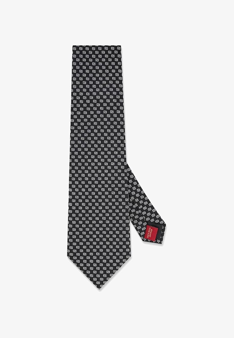 Czarny jedwabny krawat z powtarzającym się geometrystycznym wzorem w bieli. Gładka czerwona metka z tyłu, smukły design i spiczasty koniec.