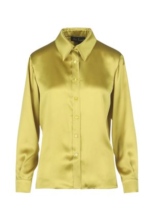Satijnen blouse met lange mouwen in lichtgeel, met een klassieke kraag en knoopsluiting aan de voorkant. Voorzien van bijpassende gele knopen en een gladde textuur.