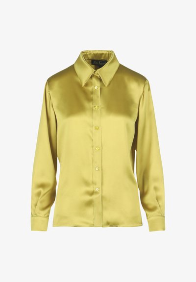 Satin long-sleeve shirt in light yellow, with a classic collar and button-down front. Features matching yellow buttons and smooth texture.
