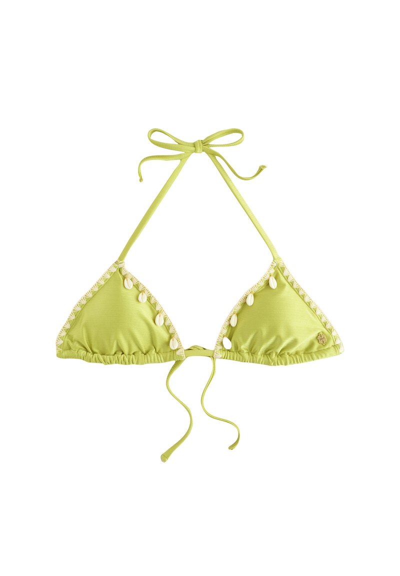 Top de bikini verde în formă de triunghi cu legături ajustabile, având o margine cu volane și scoici decorative de-a lungul cusăturilor. Material neted și elastic.