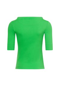 Groene top met korte mouwen en een brede halslijn. Gemaakt van lichtgewicht stof, heeft het een zachte textuur en een aansluitende pasvorm.